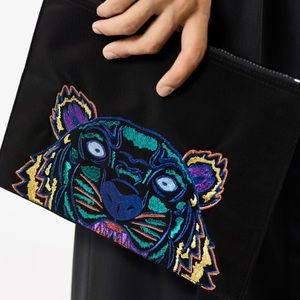 Large Kenzo holiday capsule collection A4 tiger multi color black fabric clutch